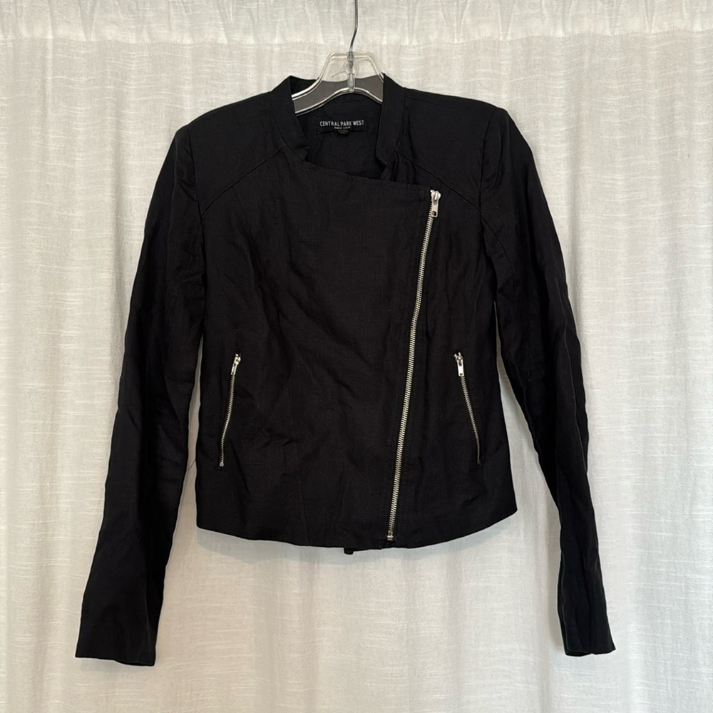 Black Central Park West waist-length linen moto-style jacket XS